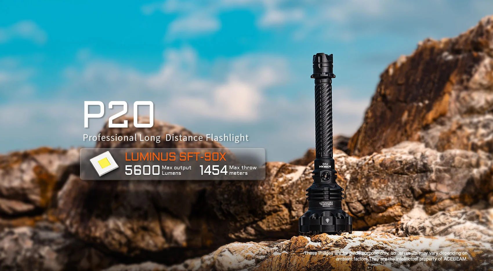 Acebeam P20 Professional Long Distance Flashlight — 5,600 Lumens, 1,454m Throw, Dual 21700 USB-C