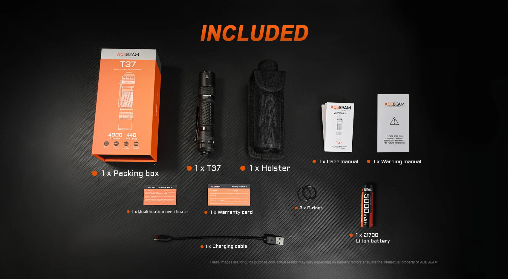 Acebeam T37 Tactical & Duty Flashlight — 4,000 Lumens, 440m Throw, USB-C Rechargeable (Black)