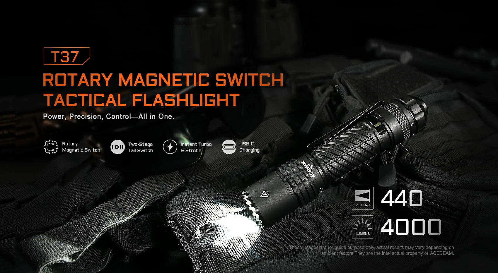 Acebeam T37 Tactical & Duty Flashlight — 4,000 Lumens, 440m Throw, USB-C Rechargeable (Black)