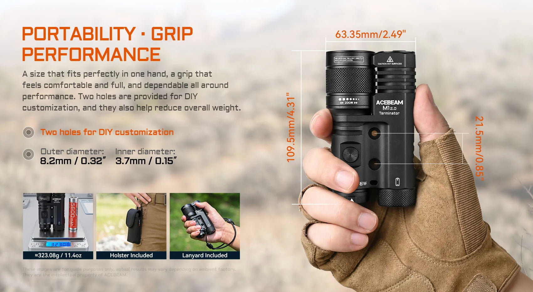 Acebeam Terminator M1 2.0 Dual Head LEP/LED Flashlight — 3,900 Lumen LED + 1,620m LEP + Red Light, USB-C Rechargeable (6500K)