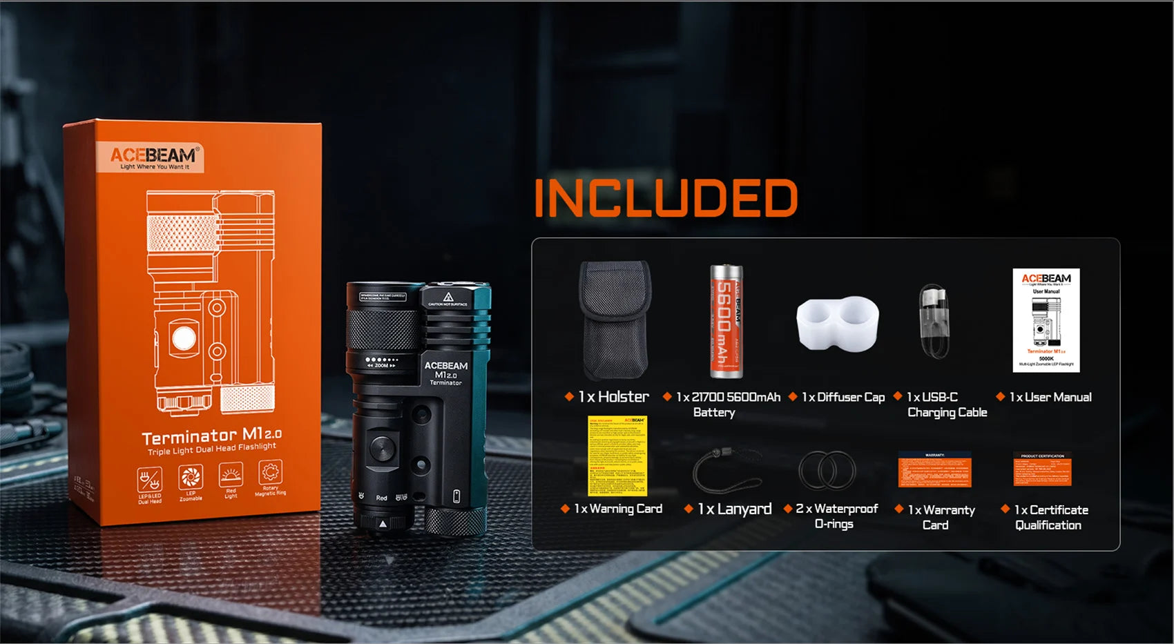 Acebeam Terminator M1 2.0 Dual Head LEP/LED Flashlight — 3,900 Lumen LED + 1,620m LEP + Red Light, USB-C Rechargeable (6500K)