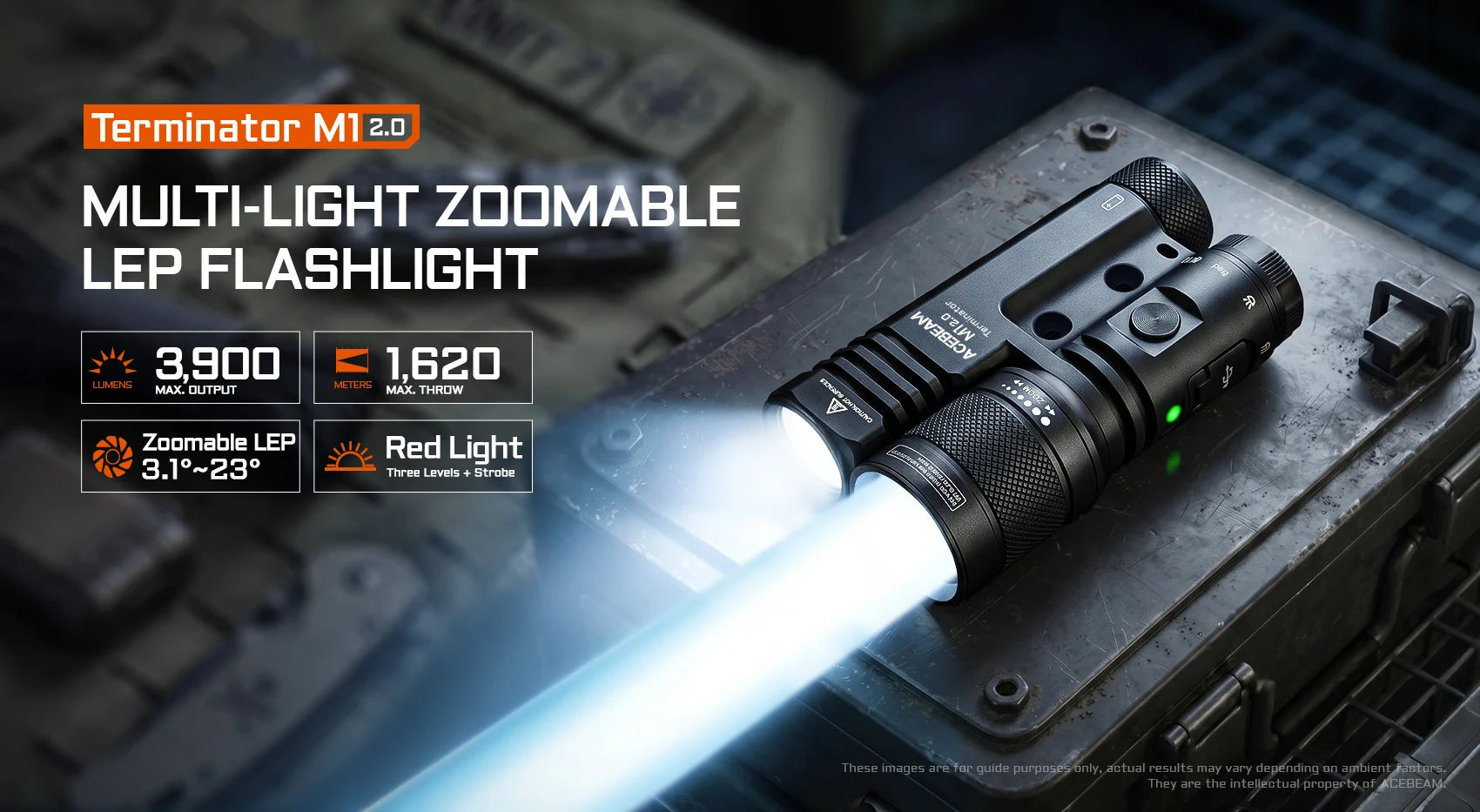 Acebeam Terminator M1 2.0 Dual Head LEP/LED Flashlight — 3,900 Lumen LED + 1,620m LEP + Red Light, USB-C Rechargeable (6500K)