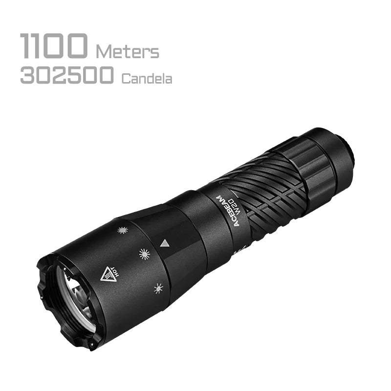 Acebeam W20 LEP Flashlight — 600 Lumens, 1,100m Throw with Wide-Angle Spill, USB-C Rechargeable (Black)