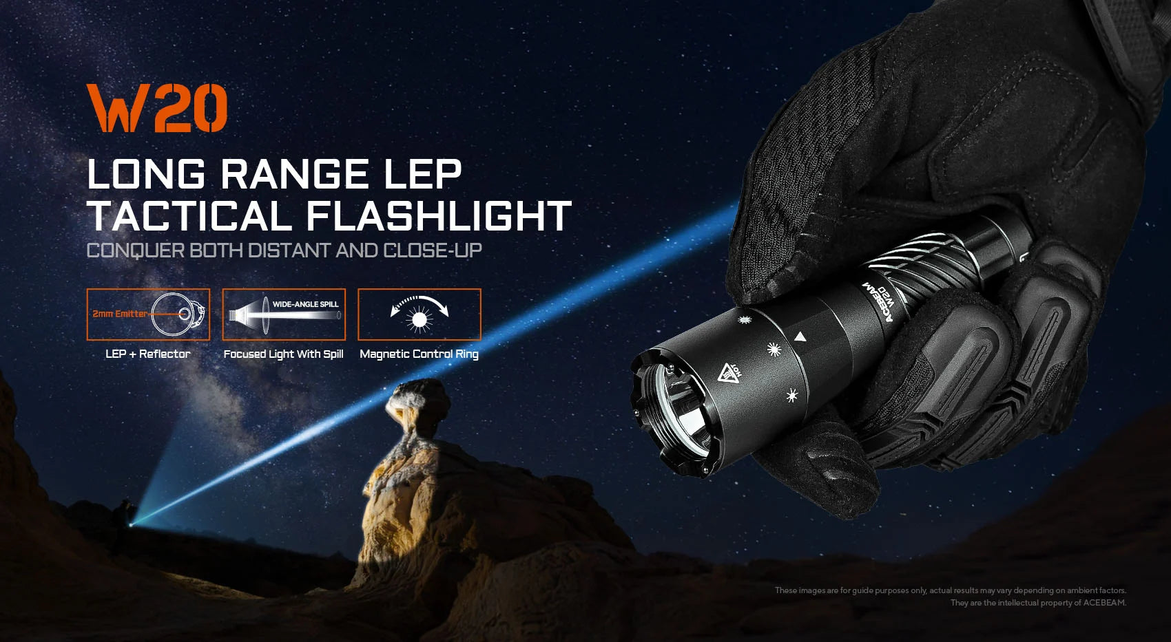 Acebeam W20 LEP Flashlight — 600 Lumens, 1,100m Throw with Wide-Angle Spill, USB-C Rechargeable (Black)