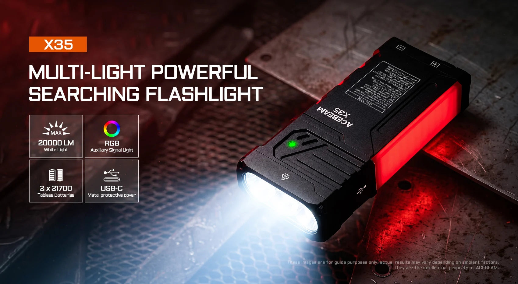 Acebeam X35 Search & Rescue Flashlight — 20,000 Lumens, 458m Throw, RGB Side Light, USB-C Rechargeable