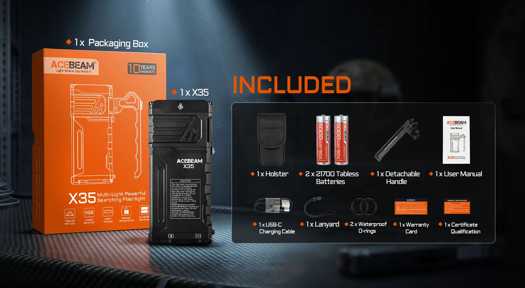 Acebeam X35 Search & Rescue Flashlight — 20,000 Lumens, 458m Throw, RGB Side Light, USB-C Rechargeable