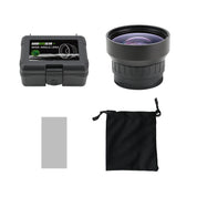 Camera lens with carrying case, cleaning cloth, and brand label on a white background