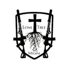 Logo with cross and tree design, featuring the text 'Lone Tree Milsim' on a white background.
