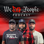 Podcast cover for 'We Do People Podcast' featuring three men wearing baseball caps and a black t-shirt with 'K&L Knives' printed on the front, set against a red and black American flag background.