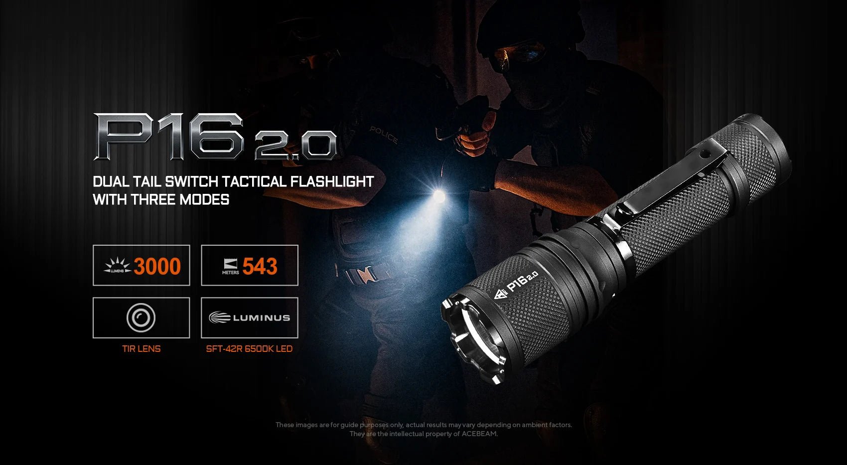 Acebeam P16 2.0 Dual Tail Switch Tactical Flashlight — 3,000 Lumens, 543m Throw, USB-C Rechargeable - Good Nite Gear