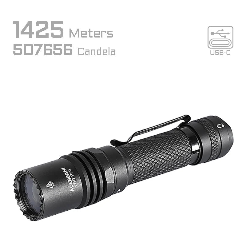 Acebeam W10 Pro LEP Flashlight — 750 Lumens, 1,425m Throw, USB-C Rechargeable (Black) - Good Nite Gear