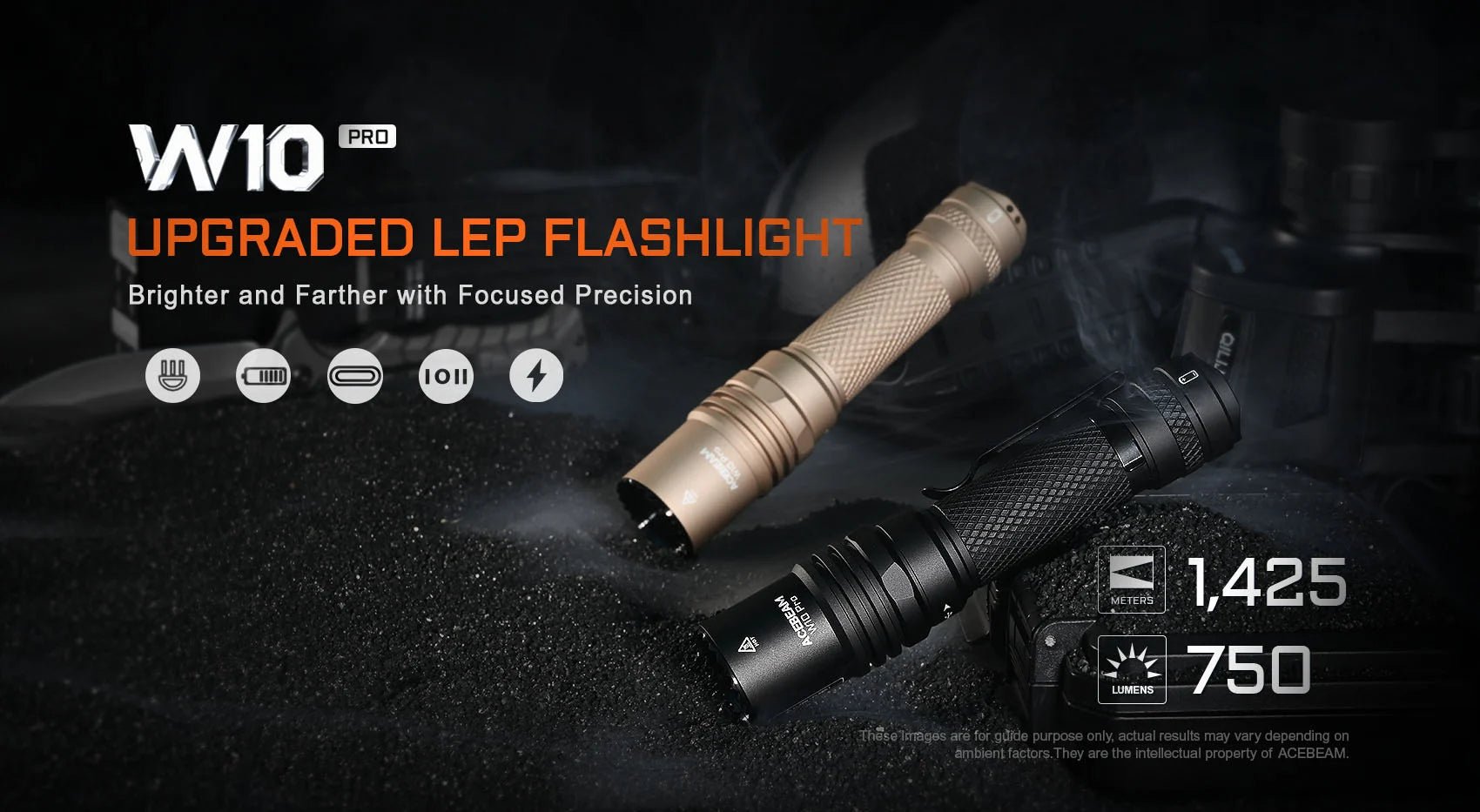 Acebeam W10 Pro LEP Flashlight — 750 Lumens, 1,425m Throw, USB-C Rechargeable (Black) - Good Nite Gear