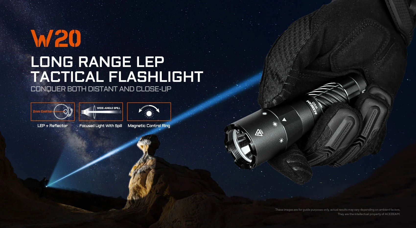 Acebeam W20 LEP Flashlight — 600 Lumens, 1,100m Throw with Wide-Angle Spill, USB-C Rechargeable (Black) - Good Nite Gear