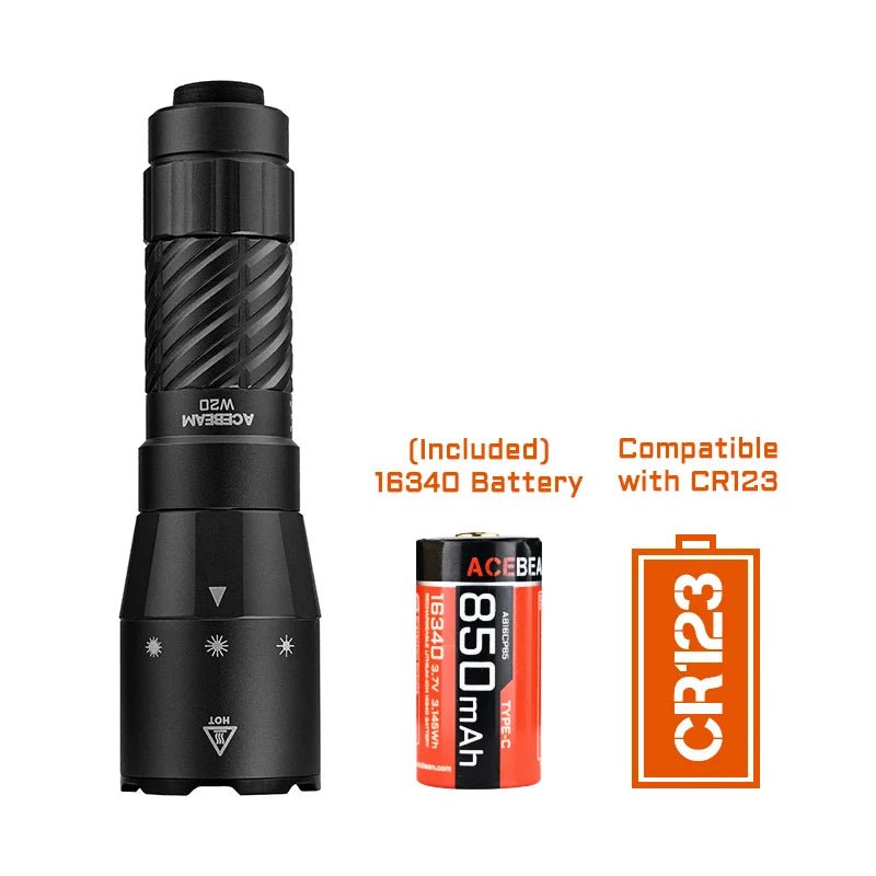 Acebeam W20 LEP Flashlight — 600 Lumens, 1,100m Throw with Wide-Angle Spill, USB-C Rechargeable (Black) - Good Nite Gear