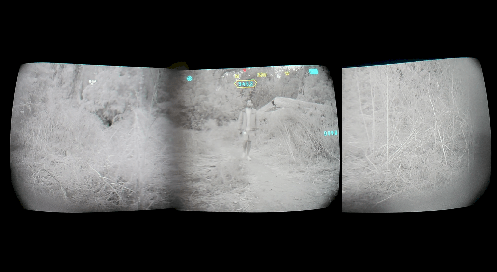 A pano night-vision outdoor scene with three curved grayscale panels showing a wooded path and a small standing figure in the center, set against a black background.