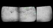 A pano night-vision outdoor scene with three curved grayscale panels showing a wooded path and a small standing figure in the center, set against a black background.