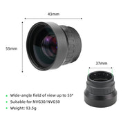 Camera lens with dimensions and specifications on a white background